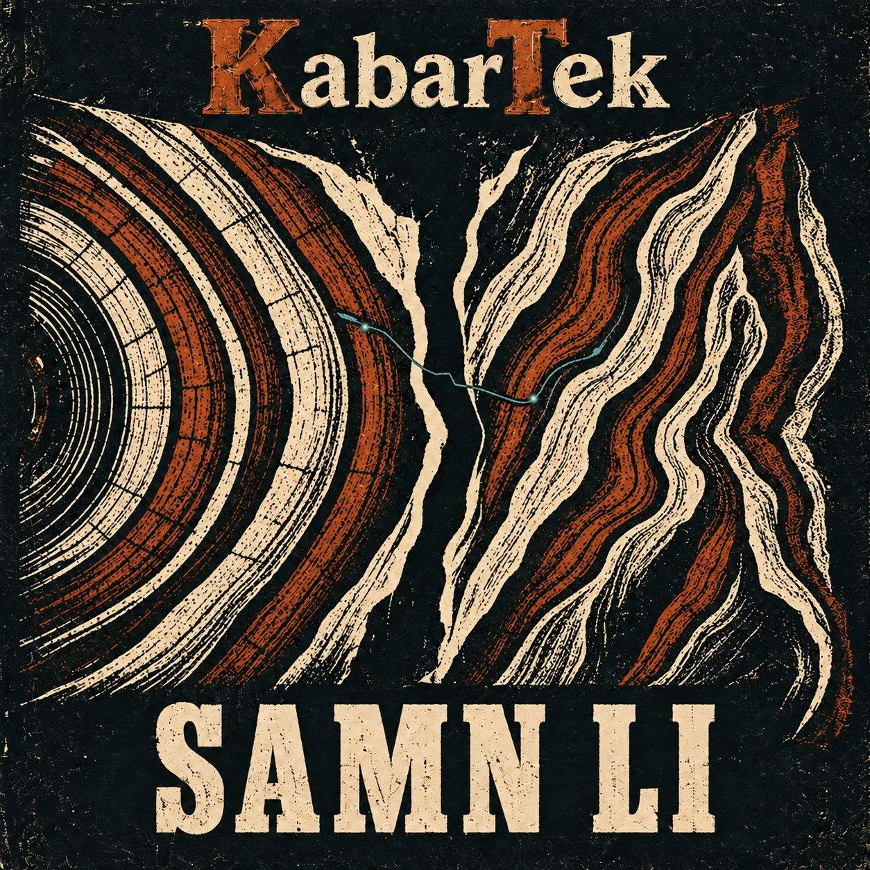Pochette de l’album Samn li de KabarTek : deux écorces gravées aux veines cuivre et ivoire, reliées par de discrètes traces électroniques.